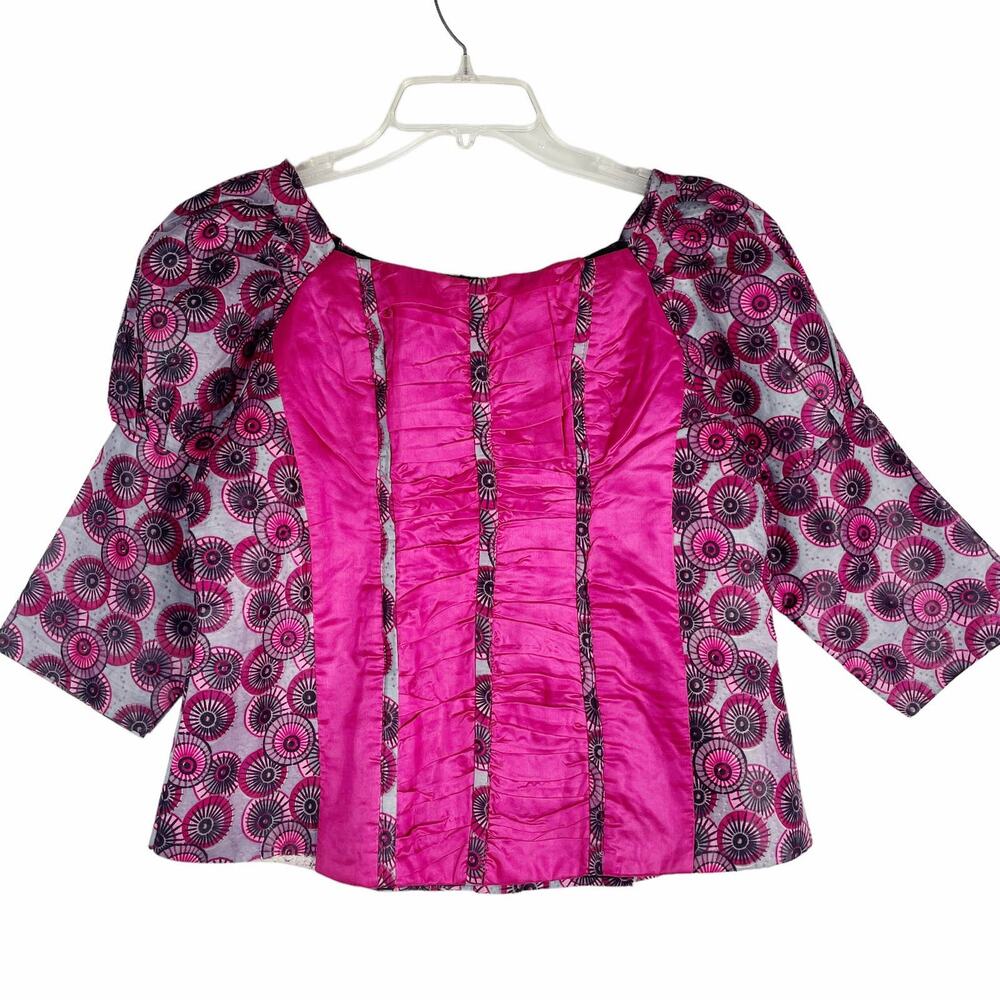 Handmade Top Geometric Circle Print Ruched Bodice Cropped Lined Puffed Sleeves M